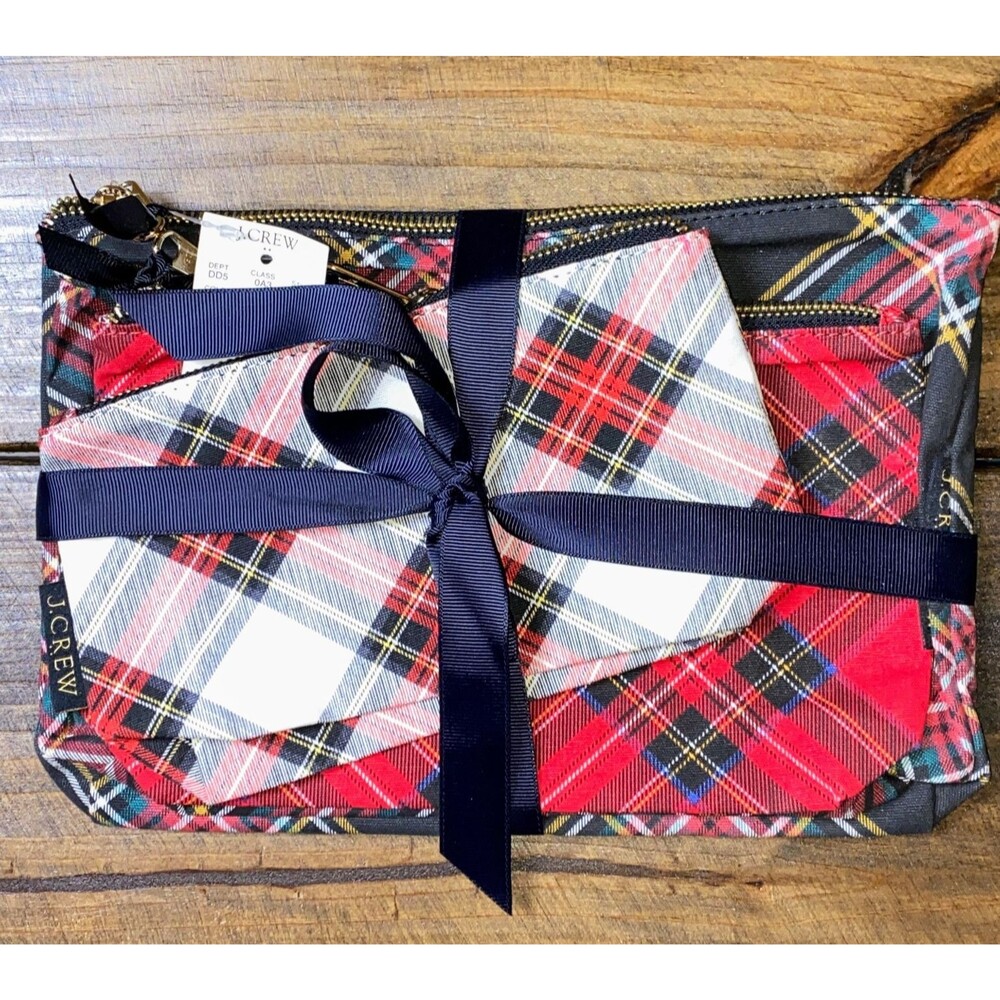 J Crew Tartan Plaid Cosmetic Makeup Jewelry Bags 3-Pack Zippered Pouch Set New!